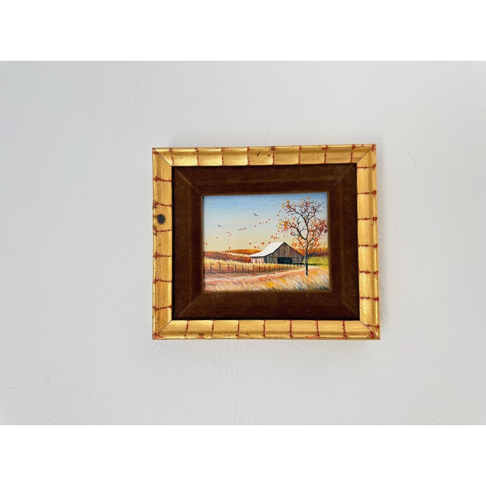Vintage Signed Small Oil Painting Art Wall Hanging Framed Velvet Matte Artwork